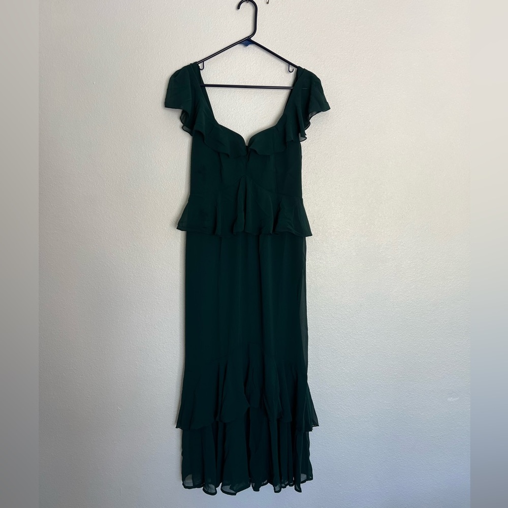 Reece Ruffle Maxi Dress, Emerald Dark Green Chiffon Size M
